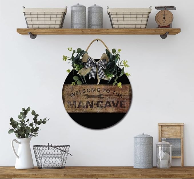 Welcome To The Mancave Front Door Sign Funny Wreaths Hanging Wooden Plaque Decoration Round Rustic Wood Farmhouse Porch Decor for Home Front Door Decor, 12 x 12 Inch