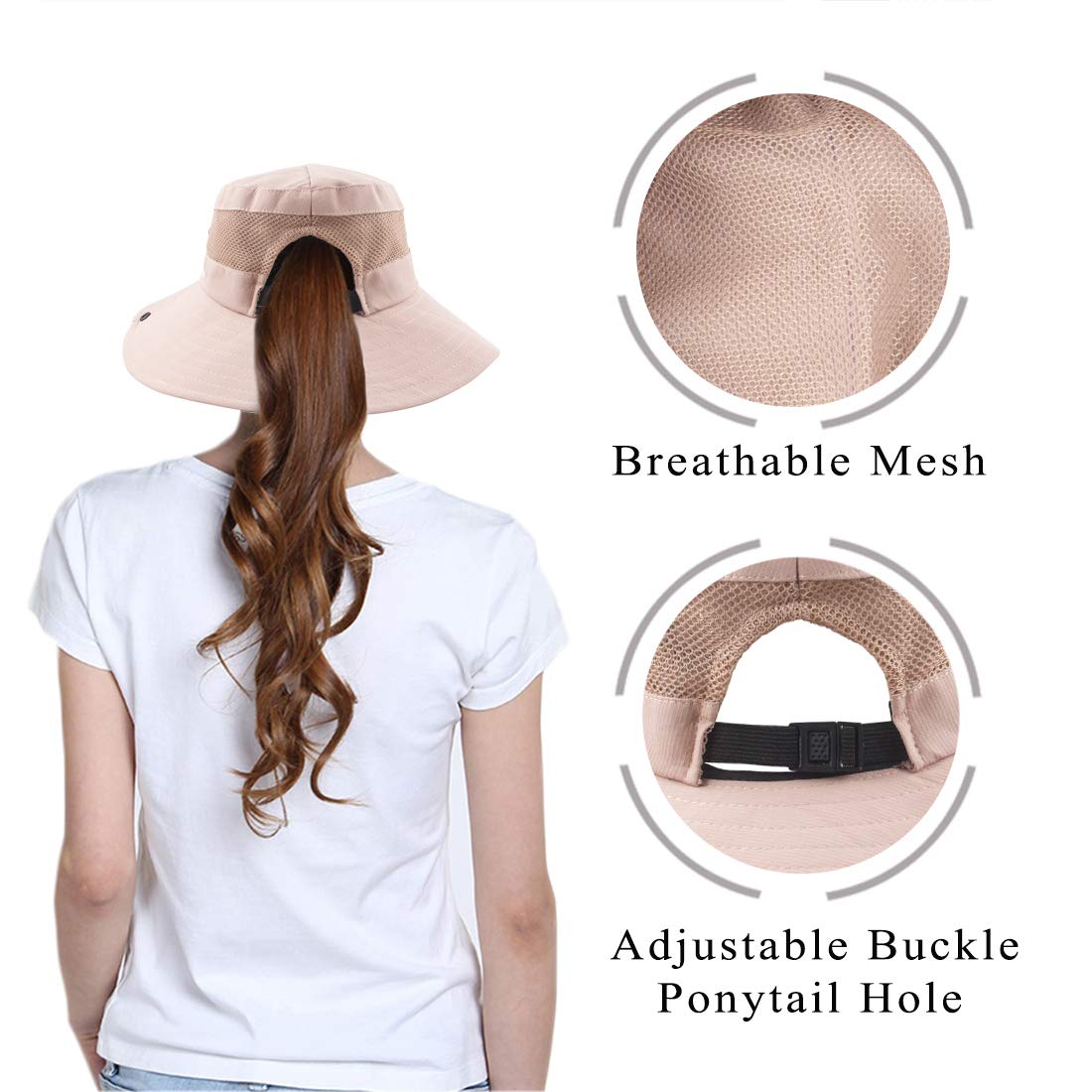 Muryobao Women Ponytail Summer Sun Hat Wide Brim UV Hats Floppy Bucket Cap for Safari Beach Fishing Gardening Pure Pink