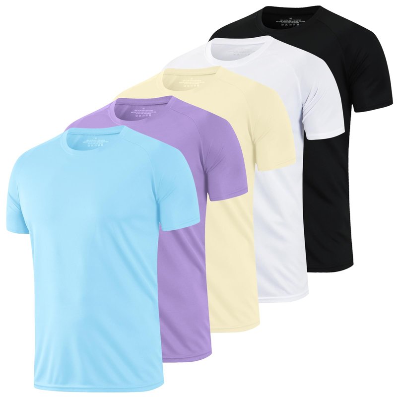 HovSiyla 5 Pack Running Shirts Men Sport Tops Dry Fit Gym Wicking Athletic T Shirts Breathable Cool Workout Shirts Black White Purple Almond Haze-Blue Mdeium