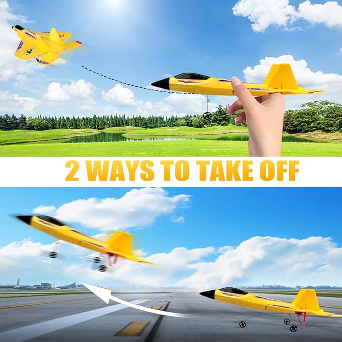 Fremego F22 RC Airplane 2.4GHz Remote Control Plane with Gyro Stabilizer LED Lights &amp Dual Batteries Easy Fly RC Glider for Kids Boys Adults Beginners(Yellow)