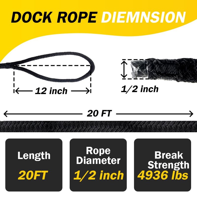 Boat Dock Lines 1/2" X 20' Double Braided Nylon Boat Ropes with 12" Pre-Spliced Loop Marine Rope Durable Marine-Grade Dock Lines Used for Boat Marine Docking Mooring Lines Ropes