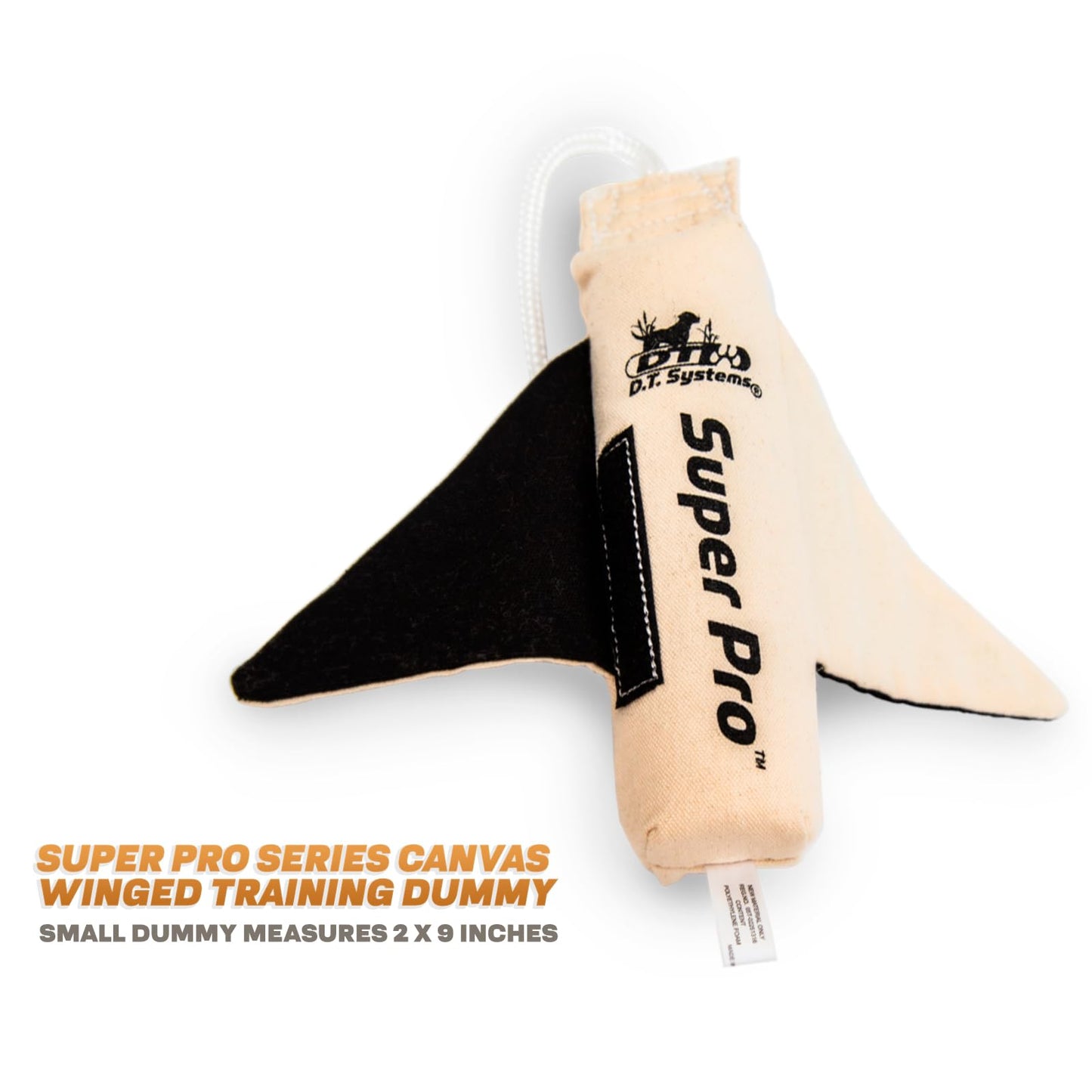 DT Systems Super Pro Series Canvas Winged Dummy, Durable High-Visibility Black & White Floating Hunting Dog Retriever Training Bird-Like Toy with Scent Strip & Rope Handle, Small