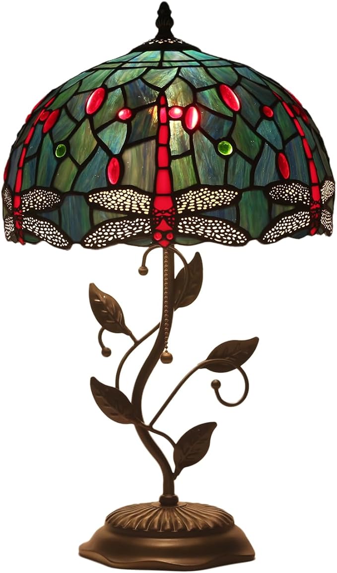 Tiffany Style Table Lamp Handmade Stained Glass Bedside Lamp 12x12x20 inch Metal Leaf Base,Art Glass Lamp for Living Room, Bedroom, Office Decor(Red Dragonfly)