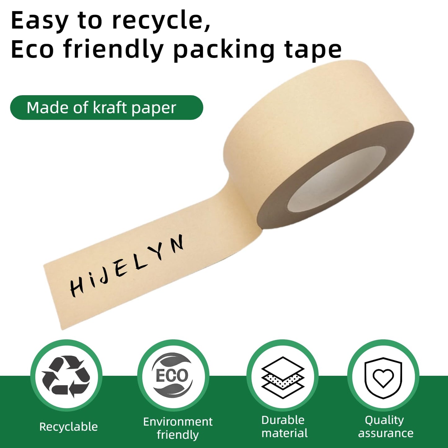 Hijelyn Shipping Tape 2 Rolls Recyclable Brown Kraft Paper Tape for Packing Box, Odorless Quiet Carton Sealing Storage Packaging Supplies, 2 Inch x 66 Yards/per roll