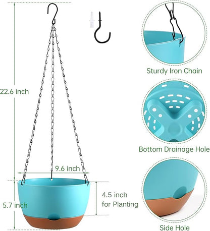 Set of 2 10 Inch Self Watering Hanging Planters for Indoor Outdoor Plants, Color Blocking Hanging Baskets Flower Pots with Drainage Hole & Removable Water-Storage Tray and 20" Chain Hanger