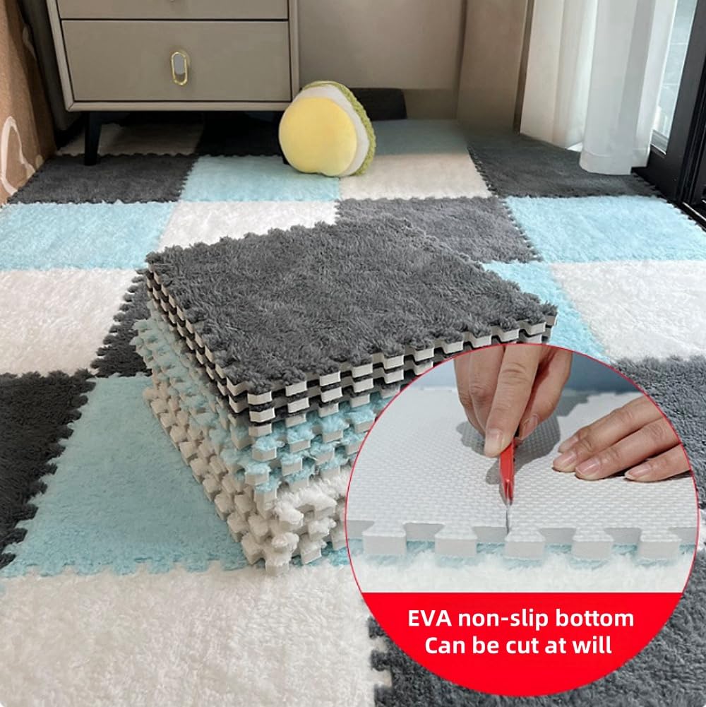 12pcs Carpet Squares Puzzle Floor Mat, Plush Interlocking Carpet Tiles, Anti Slip EVA Foam Jigsaw Floor Tiles, Build A Safe Area for Bedroom Playroom (Grey+Black)