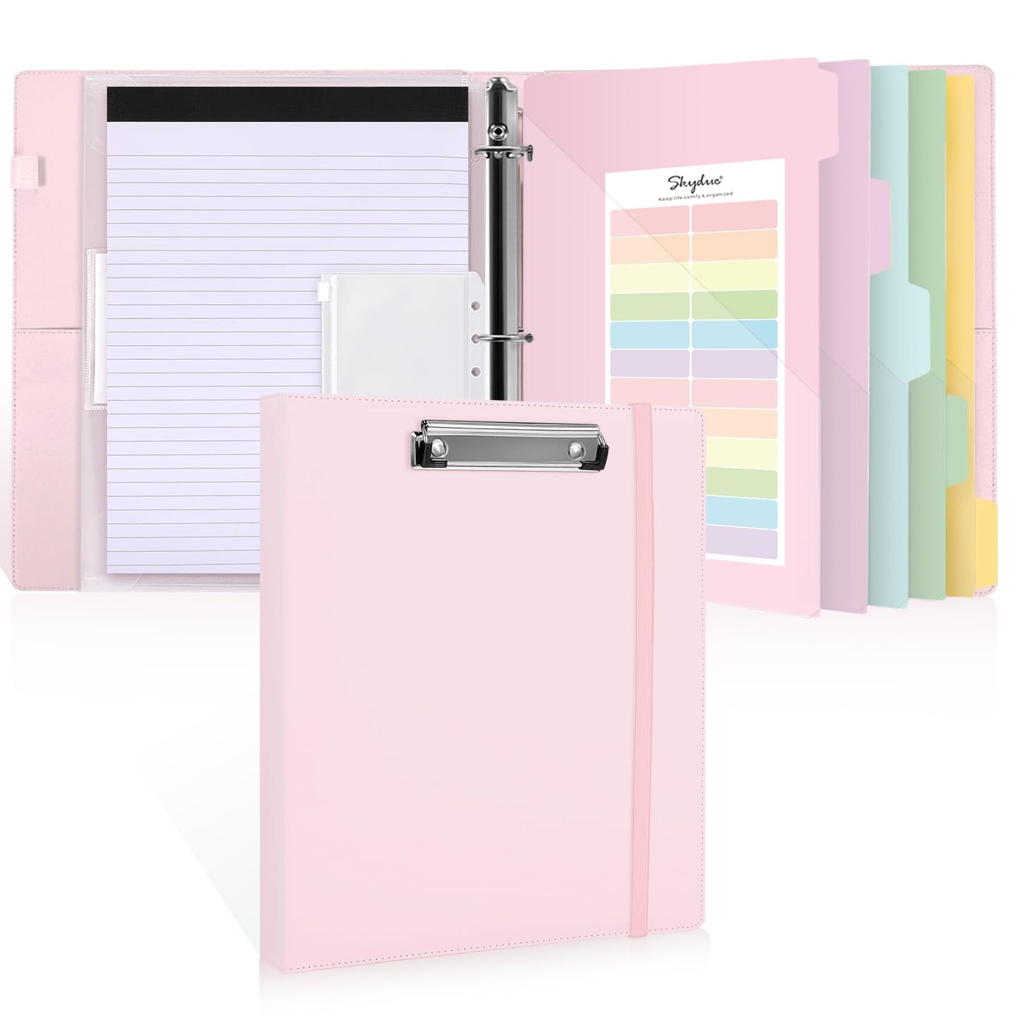 SKYDUE 3 Ring Binder with Clipboard,1 Inch Binder, 13.2" × 10.2" PU Clipboard Binder with Notepad & 5 Dividers with 5 Pockets, Labels, Clipboard Folder Great for School Office(Fit Letter Sized Paper)