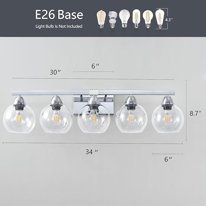 5-Light Bathroom Light Fixtures, Silver Vanity Light with Ultra-Clear Hand-Blown Glass, Durable & Elegant, Wall Lamp for Mirror, Bedroom, Kitchen