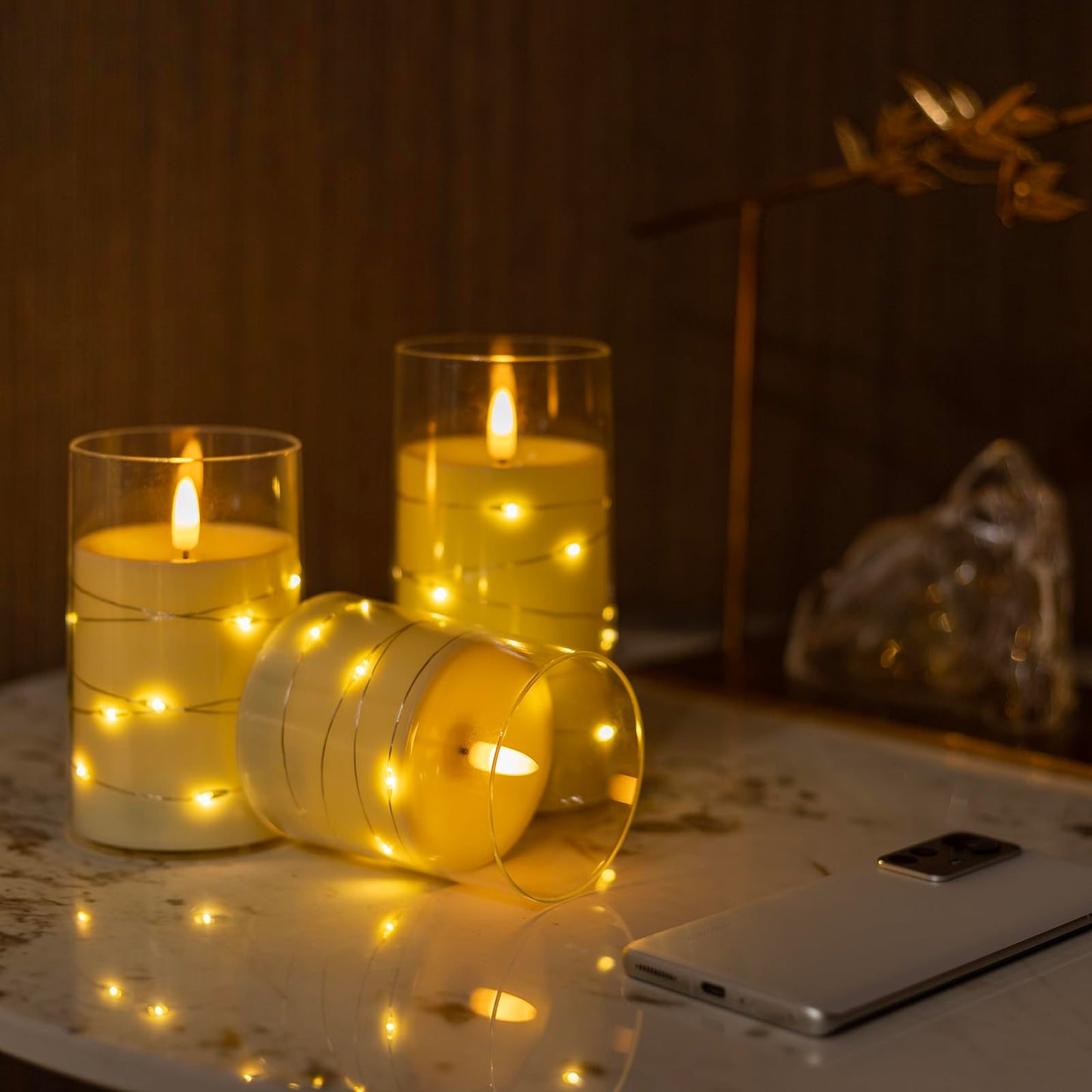 COVEGE Flickering Flameless Candles with Embedded String Lights - Acrylic Battery Operated Candles with Remote, LED Pillar Candles for Valentines/Wedding Home Decor（White）