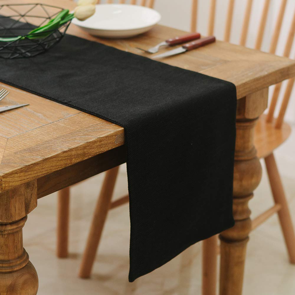 2 Piece Fabric in 1 Dinning Table Runner 12 x 120 Inches Farmhouse Kitchen Coffee Burlap Table Runner for Holiday Party, Black