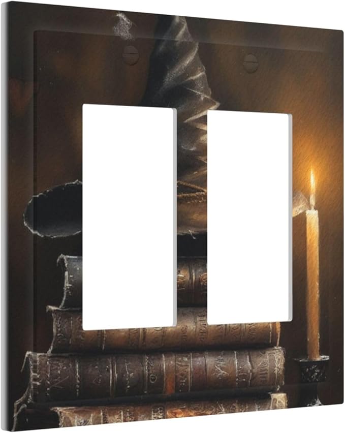 Decorative Art Light Switch Covers Wizard’s Hat & Spellbooks 2 Gang Dual Rocker Outlet Switch plate Faceplate GFCI for Home Decor