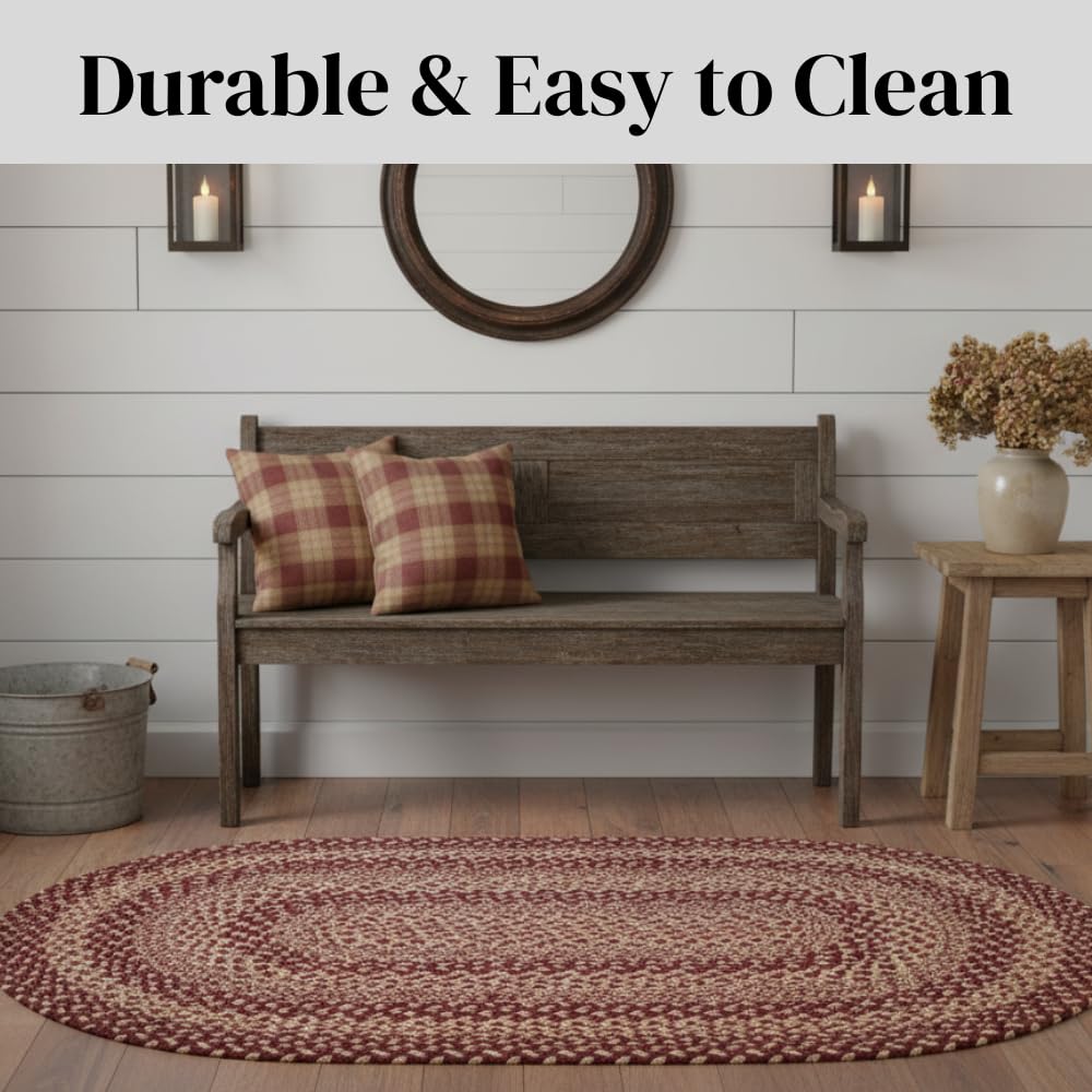 Rugance Rustic Trails 2x3' Oval Braided Rugs – Burgundy & Tan Rustic Braided Kitchen Rug, Primitive Entry Mat, Farmhouse Country Jute Décor