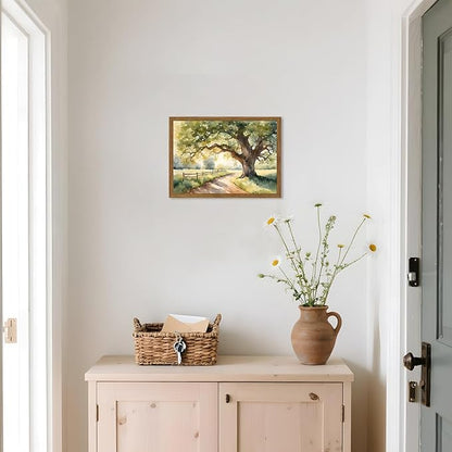 Framed Vintage Tree Landscape Wall Art, Watercolor Country Road Nature Wall Decor Paintings, Rustic Countryside Pictures Canvas Prints Aesthetic Home Decor for Living Room Bedroom Bathroom 12x16 inch