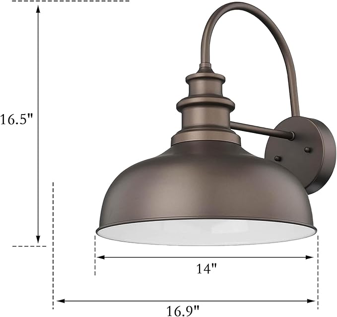 Bestshared 14 Inch Dome Gooseneck Barn Light,Farmhouse Wall Sconce, Outdoor Wall Mount Light, Exterior Lighting Fixture, Porch Lantern for Entryway, Garage,Patio (ORB+White, 14” Dome-1Pack)