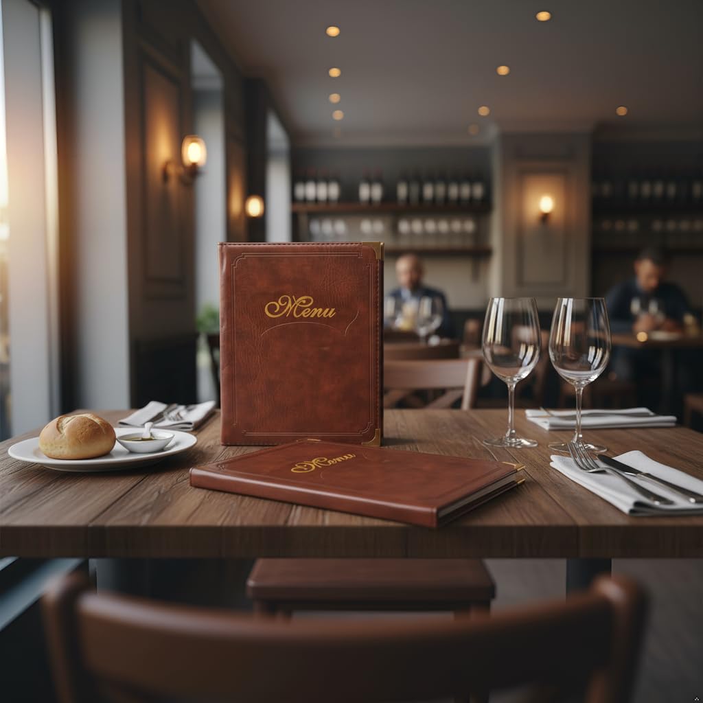 Premium Brown Faux Leather Menu Covers - Set of 2, 7-Page 14-View Restaurant Menu Holders, 8.5x11 Inch with Replaceable Sheets & Metal Corners for Cafes, Hotels
