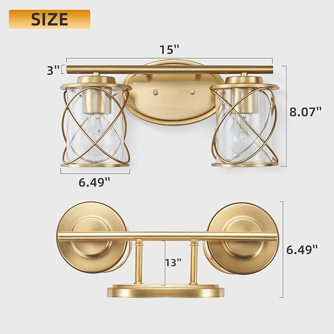 mavcadonf 2-Lights Bathroom Vanity Lights, Bathroom Light Fixtures Over Mirror, Brushed Gold Vanity Light, Farmhouse Wall Lights with Clear Glass Shade, Bathroom Wall Lamp for Mirror Kitchen Bedroom