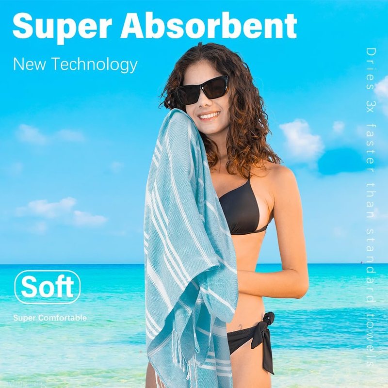 Thin Turkish Beach Towel - Lightweight Quick-Dry Cotton | Extra Large Sand-Free Bath & Pool Accessory