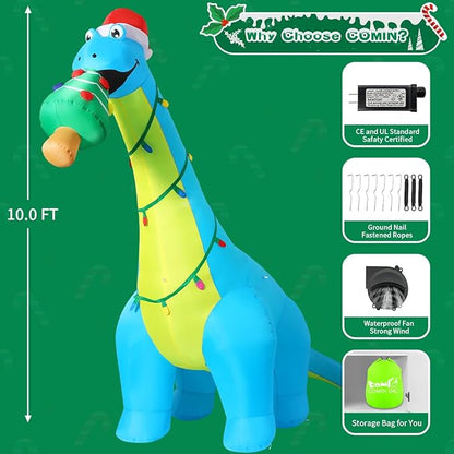 COMIN 10ft Christmas Inflatables Outdoor Decorations, Blow Up Dinosaur Christmas Tree Inflatable with Built-in LEDs for Christmas Indoor Outdoor Yard Lawn Garden Decorations