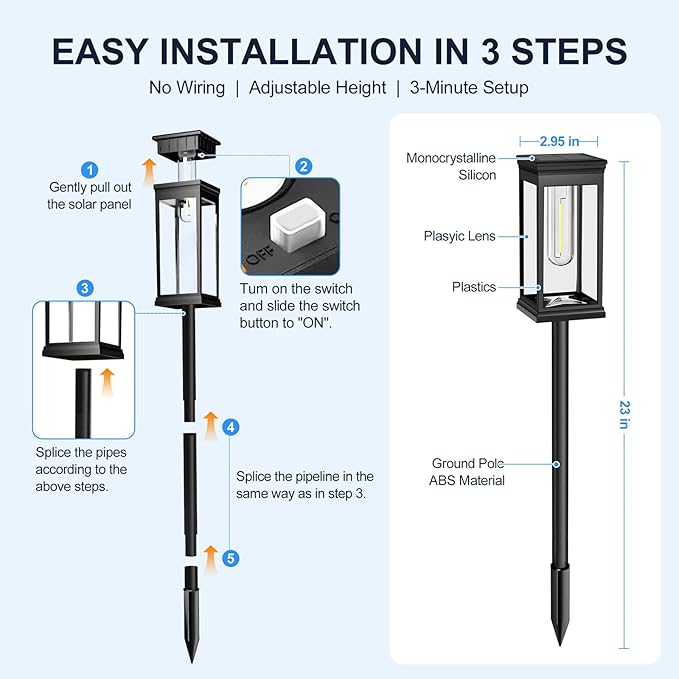 Solar Pathway Lights Outdoor - 8 Pack, IP65 Waterproof Warm White LED, Auto On/Off, Solar Powered Modern Square Design Landscape Lighting, for Walkway Garden Lawn Yard Decor