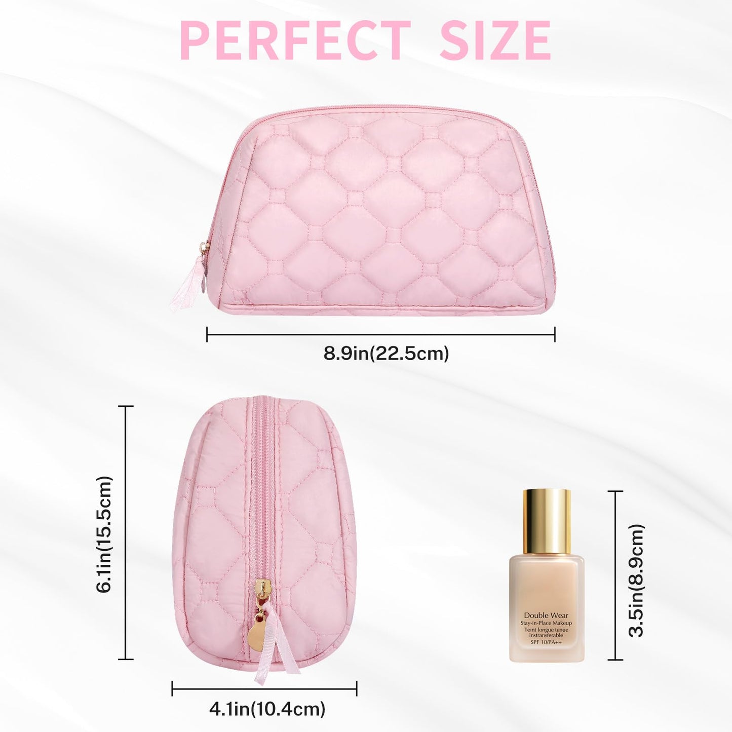 senbowe Small Makeup Bag,Travel Cosmetic Bag, Pink Puffy Padded Make Up Bag for Women, Wide-open Cute Makeup Bag Pouch Purse, Quilted Toiletry Makeup Organizer Bag with PVC Pockets,Travel Essentials