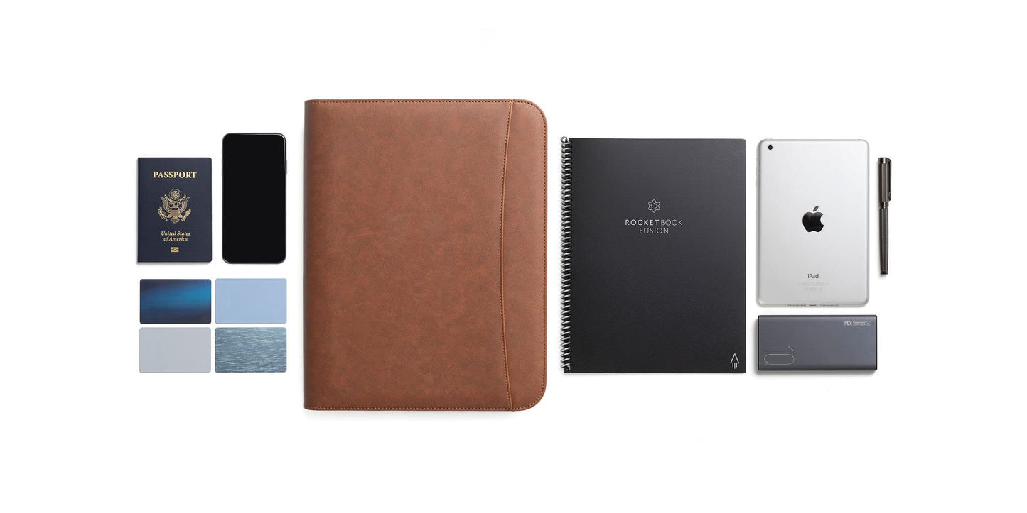 Forevermore Portfolios Padfolio Binder - Professional Faux Leather Travel Organizer Pouch for Tablet, Documents, Presentation Folders, Zipper Closure, Notepad - Brown