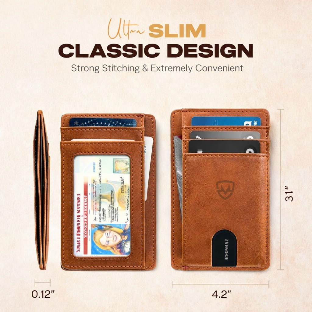 Mordano Leather Wallet Card Holder | RFID Blocking Protection Slim Minimalist Wallet For Men And Women | Front Pocket Thin Credit Card Holder | Genuine Leather Small Wallet (Brown)