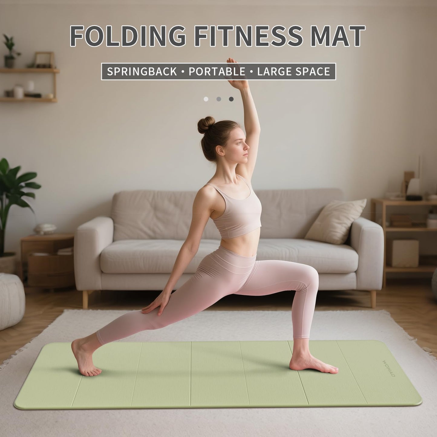 WOHAO Foldable Yoga Mat 70"x24" - Thickened TPE Non-Slip Exercise Mat for Home, Gym & Travel, Lightweight & Easy to Carry, Supports Pilates, Hot Yoga & Floor Workouts (Grass Green + Black)