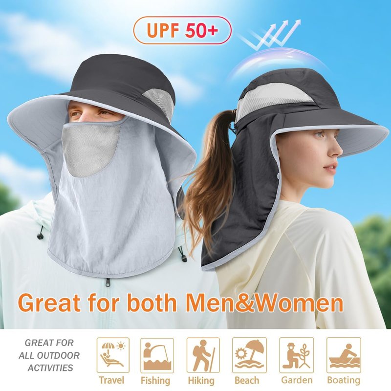 ZEXIAN Men&Women Wide Brim Fishing Ponytail Sun Hat with Removable Face and Neck Flap UPF 50+ UV Protection Safari Cap (US, Alpha, One Size, Dark Grey+Dark Grey)