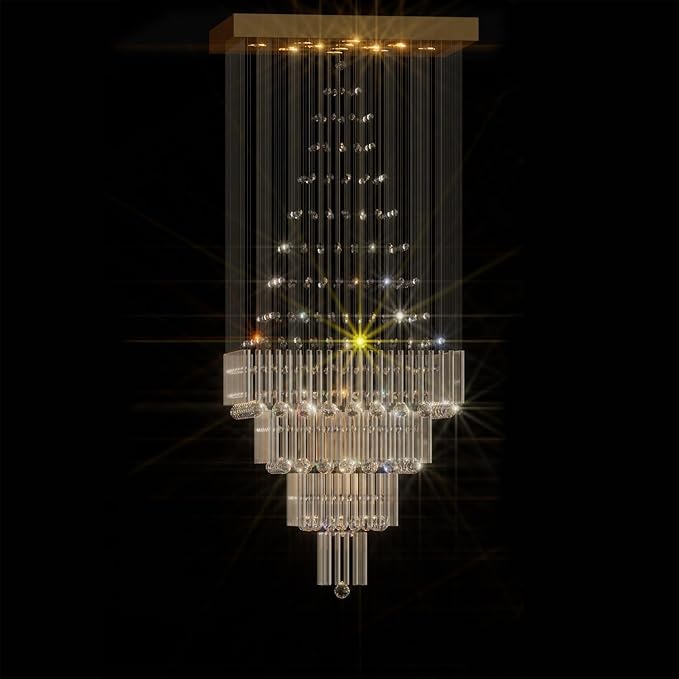 Flashing God D32''X H110'' Extra Large Chandeliers for High Ceilings Square Crystal Raindrop Gold Chandeliers Large Villa Chandelier Entrance Foyer Ceiling Light LED Dimmable 2700K-6000K