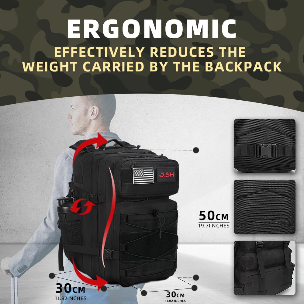 J.SH 45L Large Military Tactical Backpack for Men, EDC MOLLE Backpack, 900D Oxford Nylon, 3-Day Assault Rucking Pack, Heavy-Duty Tactical Gear for Outdoor Hiking,Gym, Rugged Survival&Bug Out Bag-Black