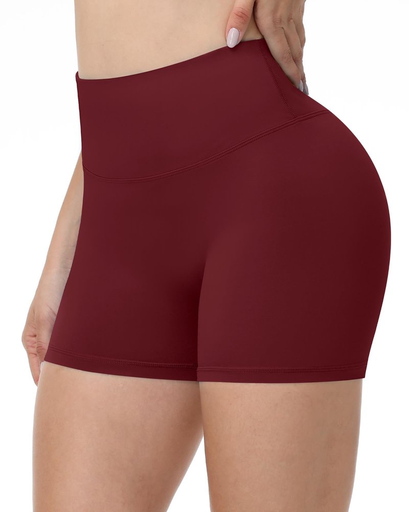Runhit No Front Seam Biker Shorts for Women - 3'' High Waisted Workout Gym Yoga Volleyball Spandex Booty Shorts with Tummy Control Wine Red Large