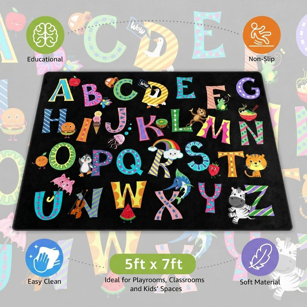 ABC Alphabet Rug, Classroom Playmat Rugs - 5x7 Ft Kids Carpet with Rubber Backing, Colorful Cartoon Letters Kids Play Mat Nursery Rugs for Bedroom Playroom - Black