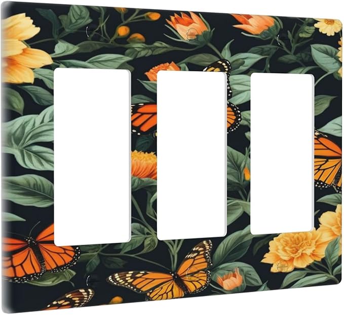 Butterflies Flower Garden 3 Gang Rocker Triple Outlet Wall Plate Decorative Switchplate Cover Faceplate GFCI Light Switch Covers for Farmhouse Living Decor