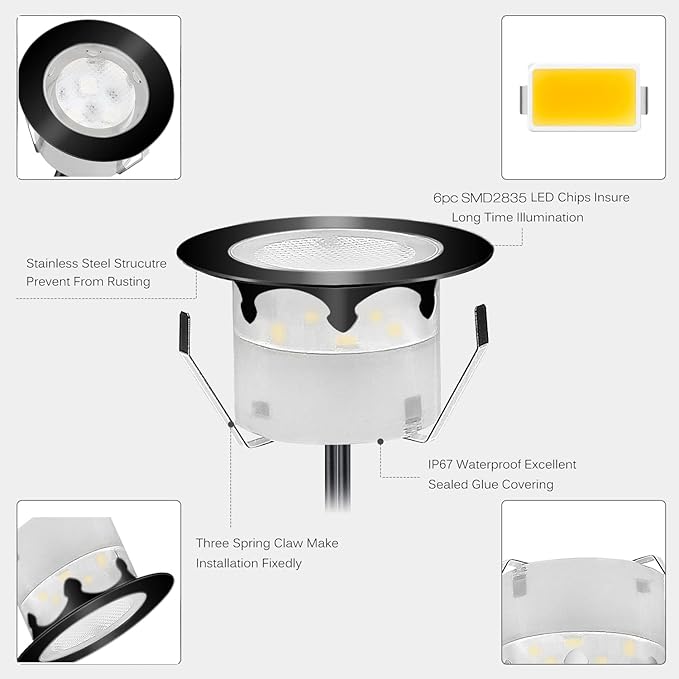 Led Deck Lights Outdoor Waterproof Low Voltage Stainless Steel 1W Outdoor Yard Garden Decoration Lamps Landscape Pathway Patio Step Stairs LED In-ground Lights Black Border(30pcs, Warm White)