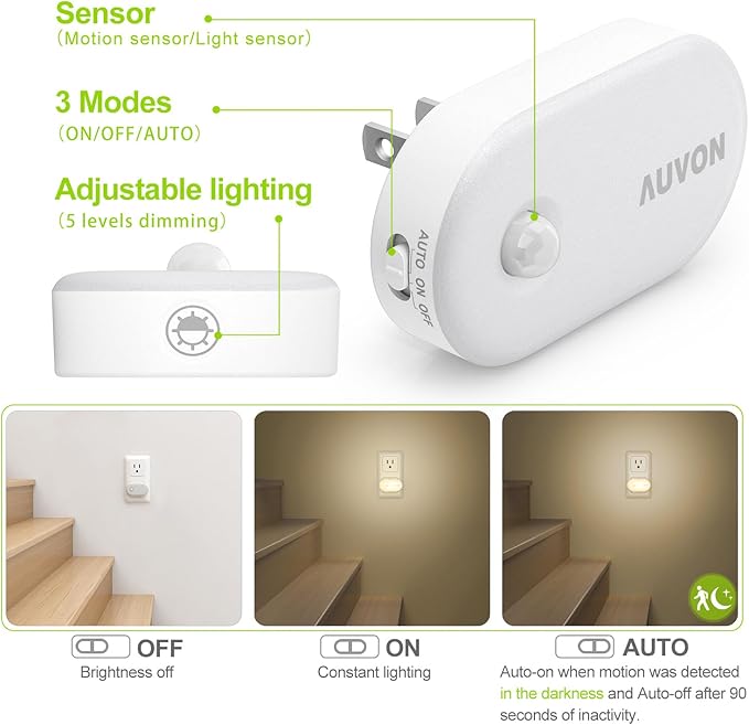 AUVON Night Light Plug in with Motion Sensor (120 Lumens), Dimmable Smart LED Night Lights, 1-120lm Brightness, for Bathroom, Hallway, Garage, Toilet (4 Pack)