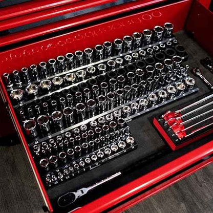 Olsa Tools Magnetic Socket Organizer (3/8-Inch Drive, 3 Row) - Magnetic Tool Organizer & Socket Holder - Tool Box Socket Organizers - Metric Black - Holds 54 Sockets - Professional Grade - Part: 1553