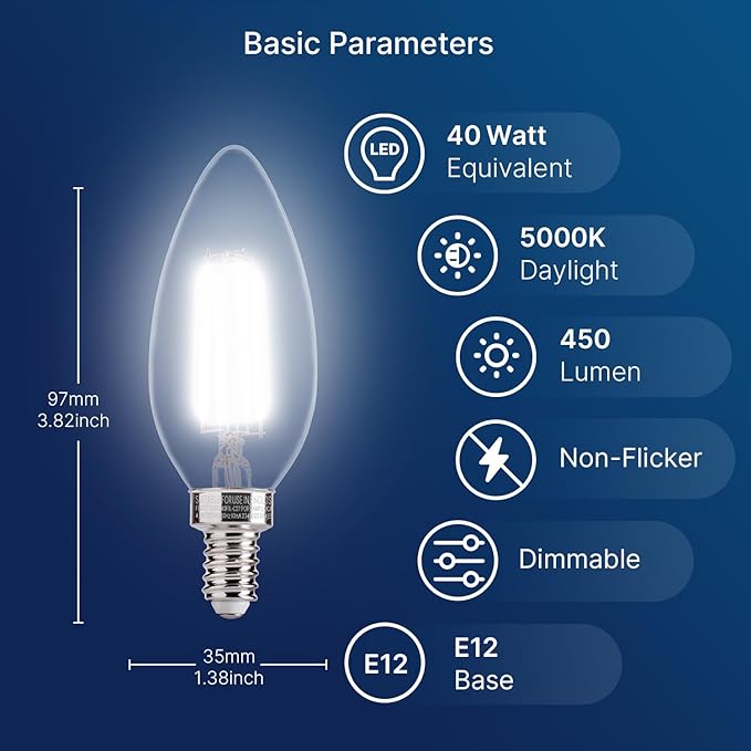 FLSNT 96 Pack Dimmable LED Candelabra Bulbs, 40W Equivalent LED Chandelier Light Bulbs, E12 Base, 5000K Daylight UL,CA65 Listed.