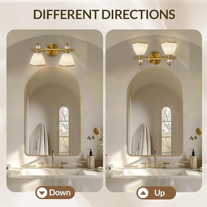 ANDY STAR Gold Vanity Light, 2-Light Brushed Gold Bathroom Light Fixtures, Vintage Bathroom Light with Milky White Bell Glass Shades, Eye-Friendly Wall Sconce for Mirror, Kitchen, Bedroom, Hallway