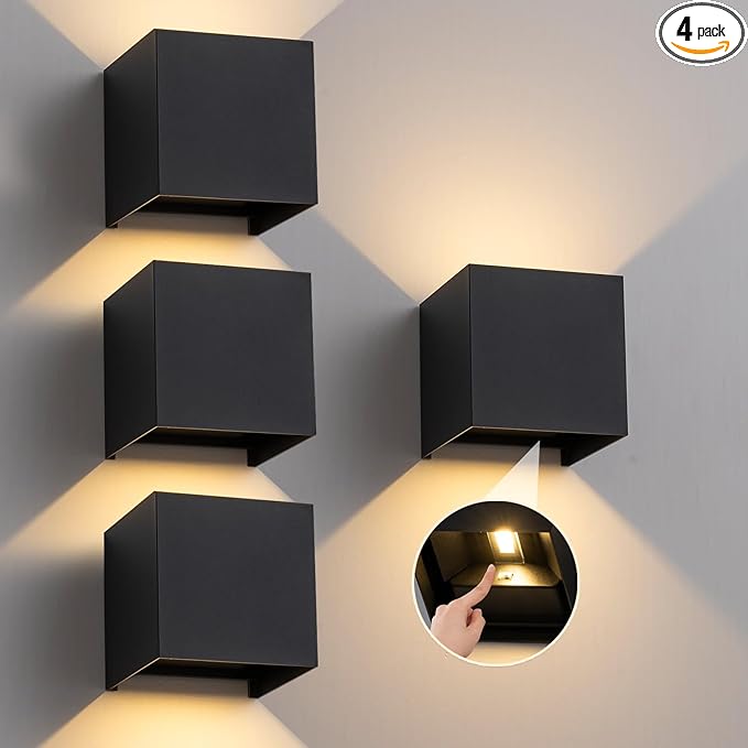 4 Pack LED Outdoor Wall Sconces Exterior/Interior,Modern Black Square Aluminum Wall Light Fixture Set,Variable Beam IP65 Waterproof Lights.15W 3-Color-Changeable Up and Down Outdoor Lighting Fixtures.