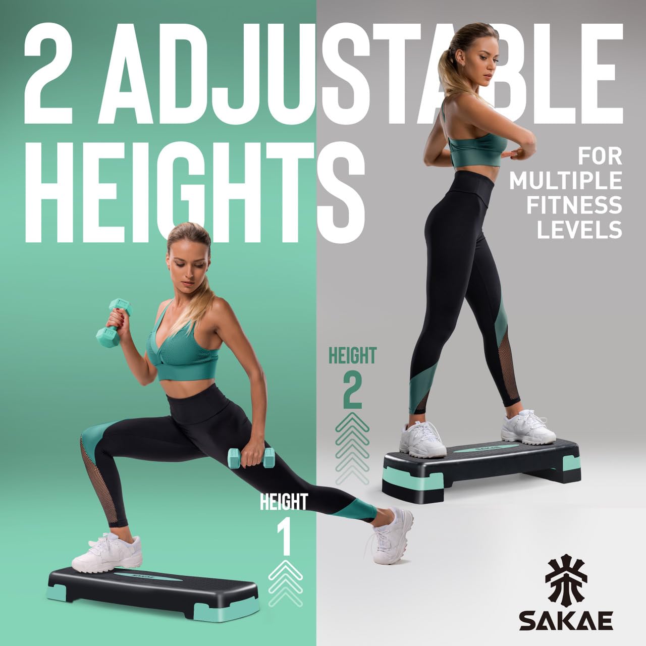 Green Black Exercise Step Platform Set with Kettlebell & Measuring Tape, Adjustable Height 2 Level Risers Workout Step Trainer, Aerobic Steppers for Home Gym Exercise Fitness Workout