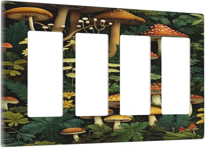 Mushrooms Forest Nature Botanical Art Light Switch Cover 4 Gang Rocker Decora Outlet Covers Wall Plate Decorative Switchplate Electrical Faceplate GFCI for Farmhouse Living Decor