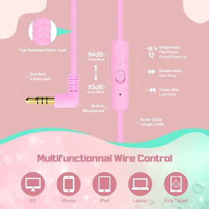 QearFun Kids Headphones Wired with Mic, 85/94dB Safe Volume Limit, Foldable Over Ear, Tangle-Free Cord & Sharing Port, Wired On-Ear Headset for School, Chromebook, Tablet, Travel - Boys & Girls