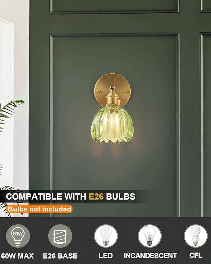 Plug in and Hardwired Wall Sconces, Luxury Vintage Tulip Crystal Glass Shade Wall Light with Switch for Bedside Bedroom Living Room (Tulip-Green, 2)
