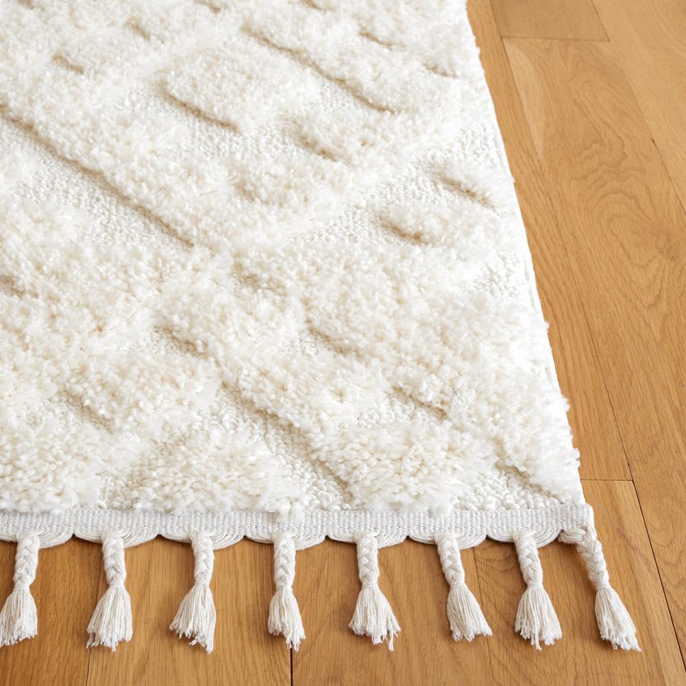 SAFAVIEH Moroccan Tassel Shag Collection Area Rug - 6'7" x 9'2", Ivory, Non-Shedding & Easy to Clean, Plush High-Low Texture, Ideal for Living Room, Bedroom, Dining Space (MTS688C)