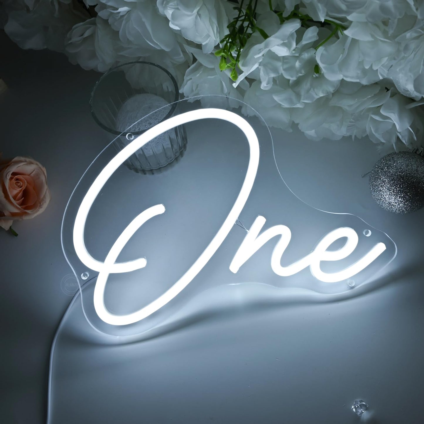 Planzo One Led Neon Sign Light 1th One Year Old Birthday Baby Cave Backdrop Bedroom Wall Sign Decor Banner Wedding Party Decor Gifts USB 11.81"x8.66" Cold White