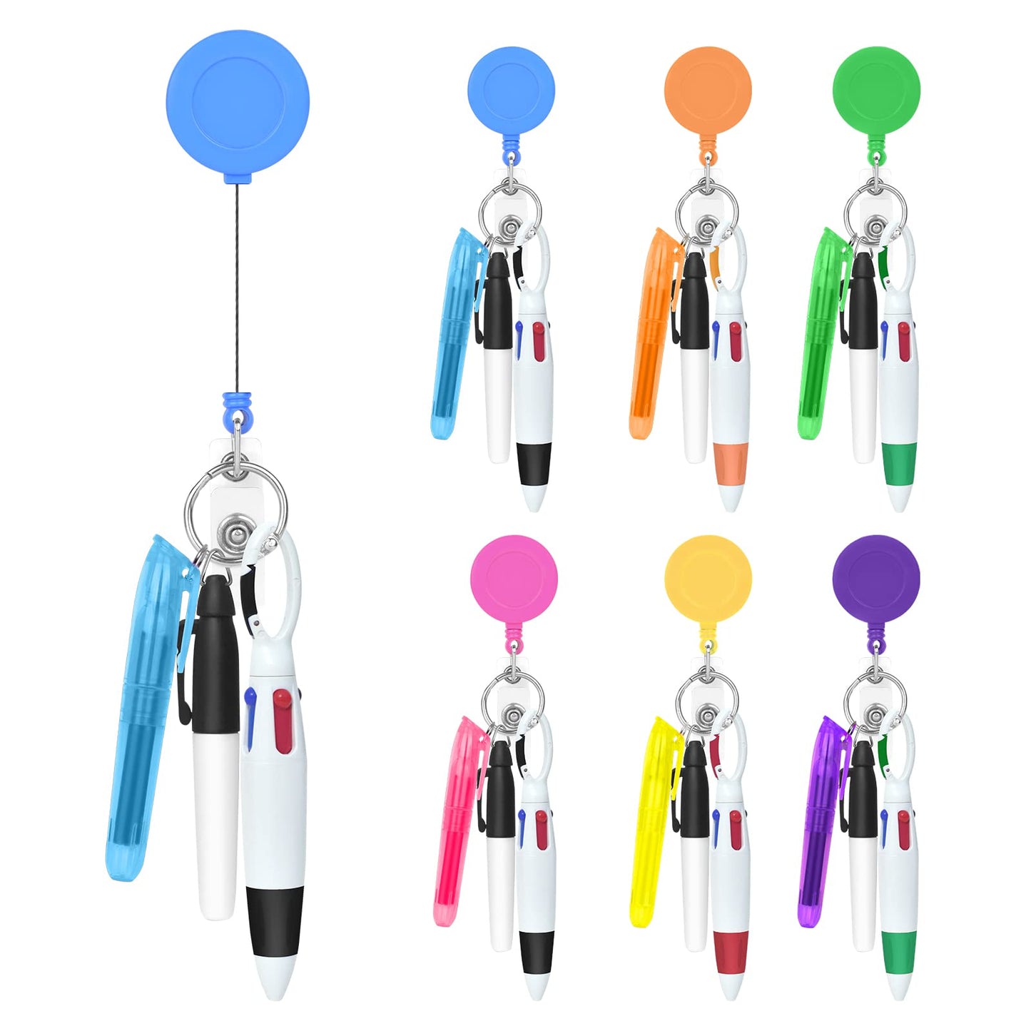 DLUGOPIS Nurse Pen Set - 6 Pieces Including Highlighter, Permanent Marker and Retractable Ball Pen, 24 Reels and 6 Badge Clips
