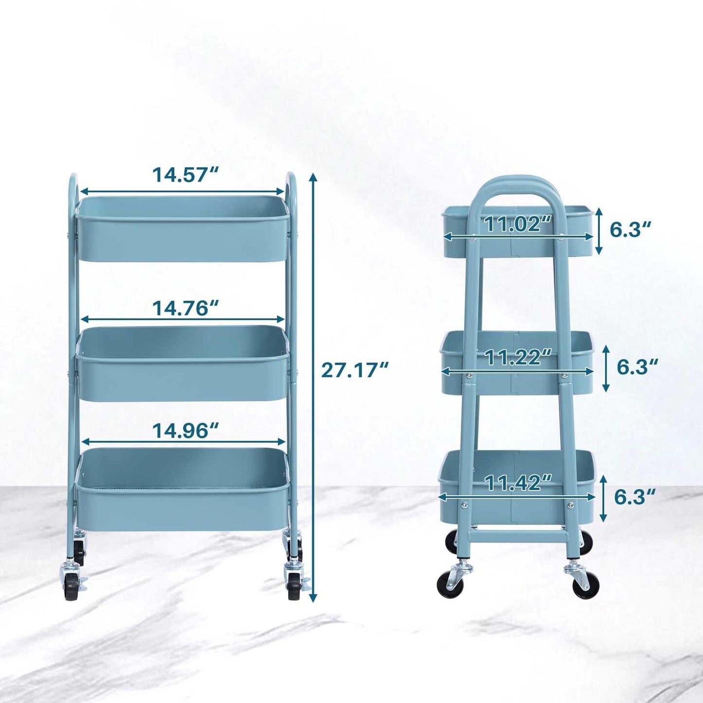 AGTEK 3 Tier Utility Rolling Cart with Lockable Wheels, Metal Multifunctional Storage, Organizer Cart for Kitchen, Office, Living Room, Makeup, Craft, Art Studio, Light Blue