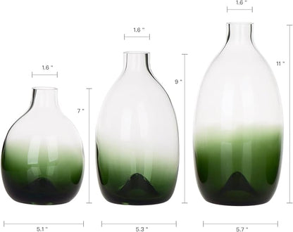 CONVIVA Modern Green Vase Set, Glass Flower vases,Large Decorative Centerpieces Kitchen Island Dining Table Living Sunroom Office Tabletop Set of 3,11"+9"+7" H