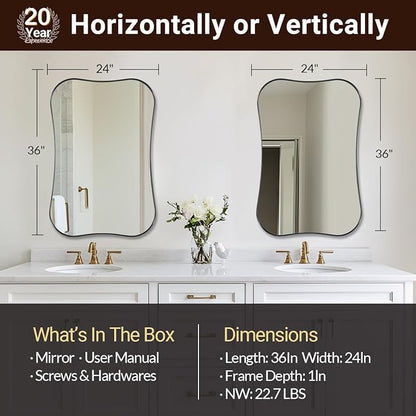 ANDY STAR Chrome Mirrors, Contempoary 24x36 Inch Scalloped Asymmetrical Bathroom Mirrors with Notched Edges in 1 Inch Stainless Steel Frame Wall Mounted Horizontal/Vertical for Home Decor