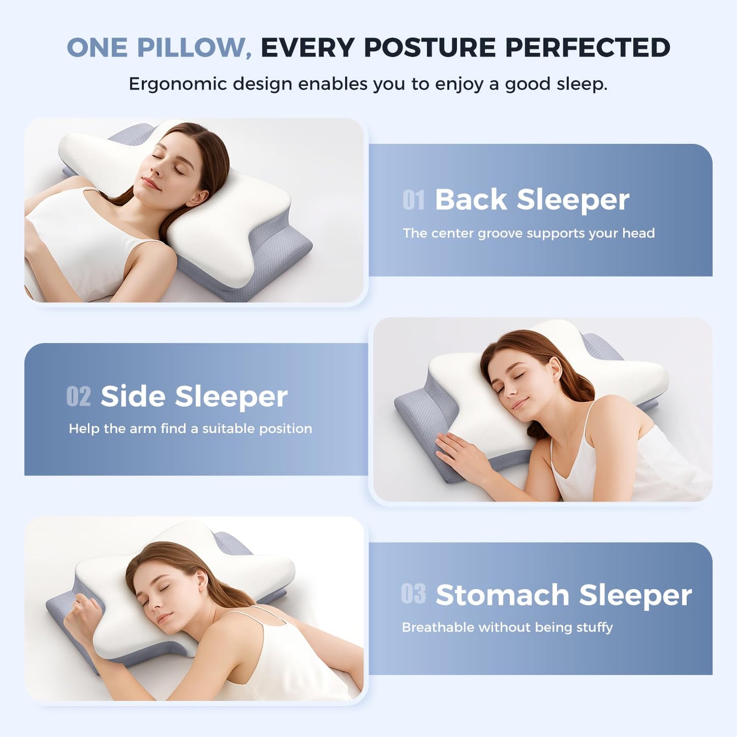 Cervical Neck Pillow, Memory Foam Pillows for Neck and Shoulder Pain Relief, 2 Heights Ergonomic Pillow with Breathable Ice Silk Cover, Neck Support Pillow for Side Back Stomach Sleepers, Odorless